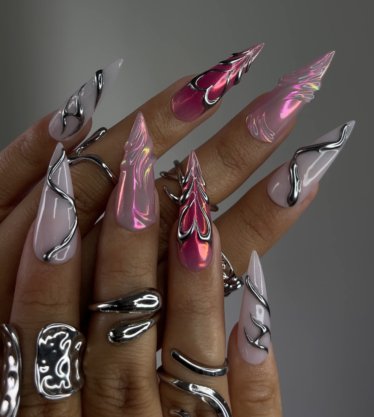 DoryNail Chrome Flame Aura Press On Nails | Pink Iridescent Nail Art | Metallic 3D Wave Design | Futuristic Chrome Nails | Handmade Statement Set