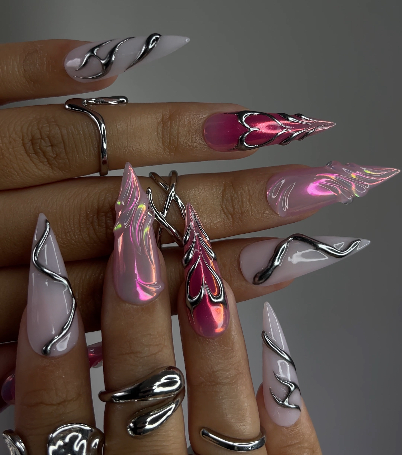 DoryNail Chrome Flame Aura Press On Nails | Pink Iridescent Nail Art | Metallic 3D Wave Design | Futuristic Chrome Nails | Handmade Statement Set