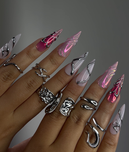 DoryNail Chrome Flame Aura Press On Nails | Pink Iridescent Nail Art | Metallic 3D Wave Design | Futuristic Chrome Nails | Handmade Statement Set