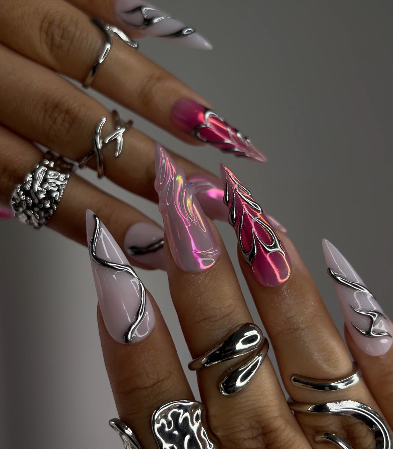 DoryNail Chrome Flame Aura Press On Nails | Pink Iridescent Nail Art | Metallic 3D Wave Design | Futuristic Chrome Nails | Handmade Statement Set