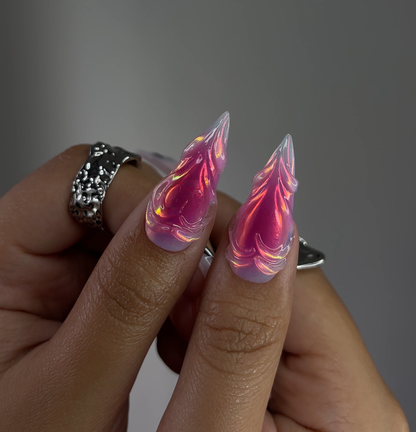 DoryNail Chrome Flame Aura Press On Nails | Pink Iridescent Nail Art | Metallic 3D Wave Design | Futuristic Chrome Nails | Handmade Statement Set