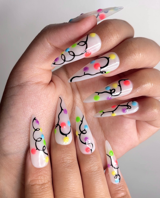 DoryNail Christmas Light String Press On Nails | Colorful Holiday Nail Art | Festive Rainbow Bulb Design | Clear Glossy Nails | Handmade Christmas Set
