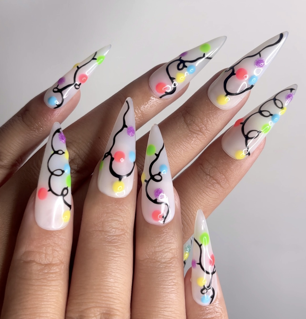 DoryNail Christmas Light String Press On Nails | Colorful Holiday Nail Art | Festive Rainbow Bulb Design | Clear Glossy Nails | Handmade Christmas Set