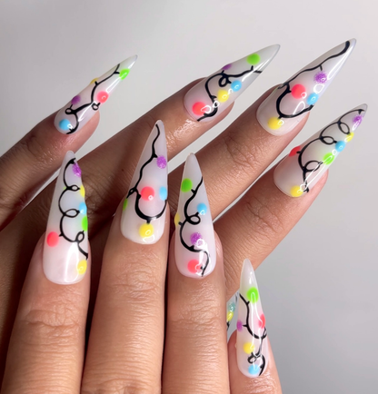 DoryNail Christmas Light String Press On Nails | Colorful Holiday Nail Art | Festive Rainbow Bulb Design | Clear Glossy Nails | Handmade Christmas Set