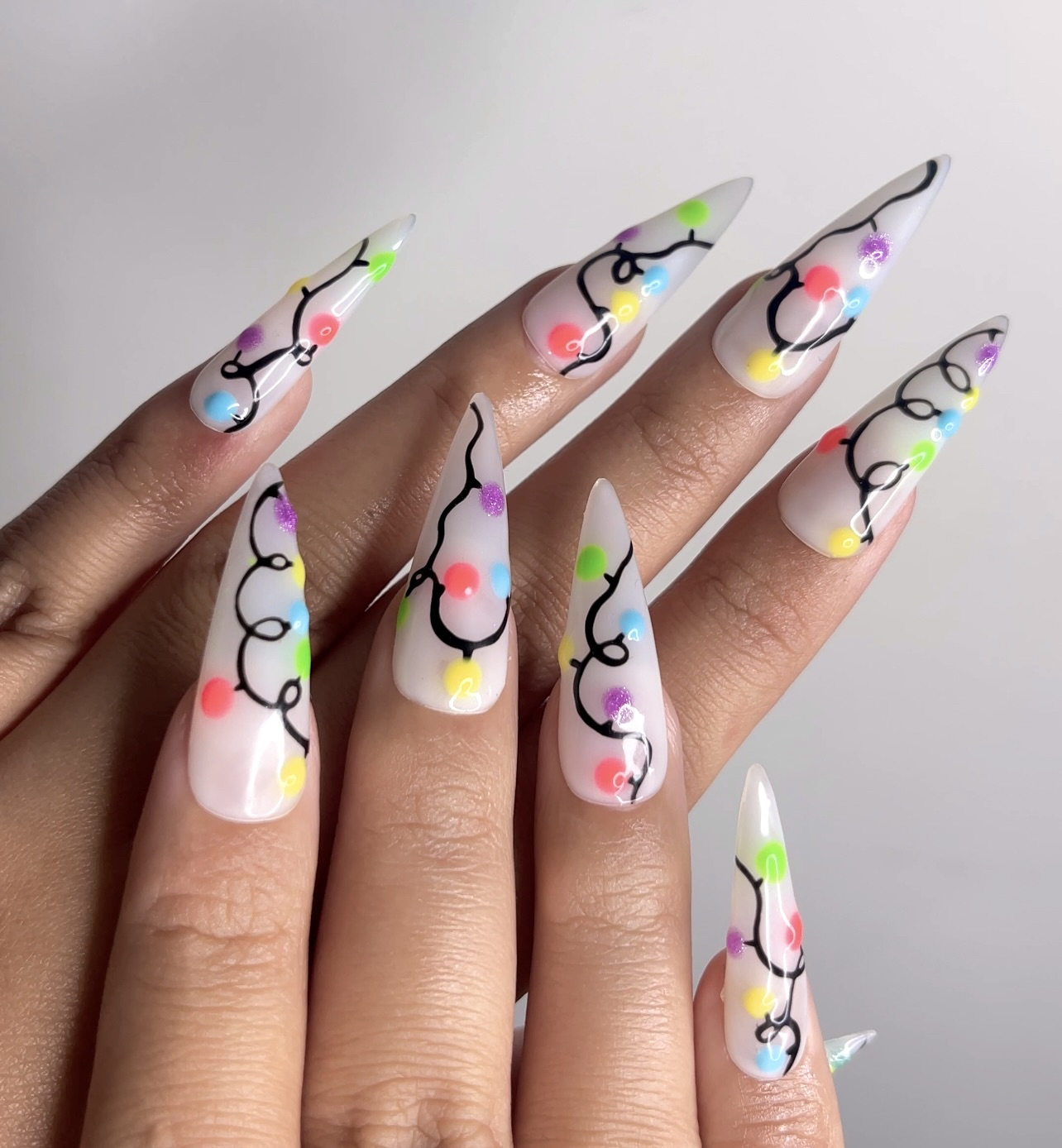 DoryNail Christmas Light String Press On Nails | Colorful Holiday Nail Art | Festive Rainbow Bulb Design | Clear Glossy Nails | Handmade Christmas Set