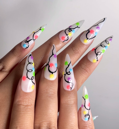 DoryNail Christmas Light String Press On Nails | Colorful Holiday Nail Art | Festive Rainbow Bulb Design | Clear Glossy Nails | Handmade Christmas Set