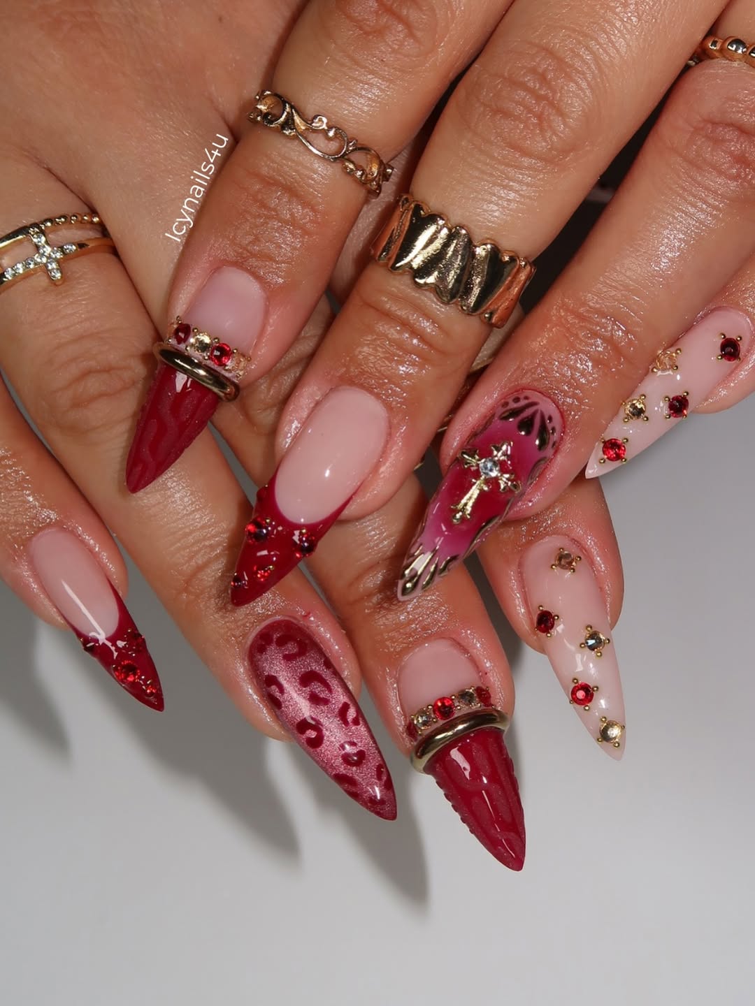 Burgundy Leopard & 3D Red Gem Press On Nails by Icy Nails 4u | Luxury Cat Eye Stiletto | DU03L