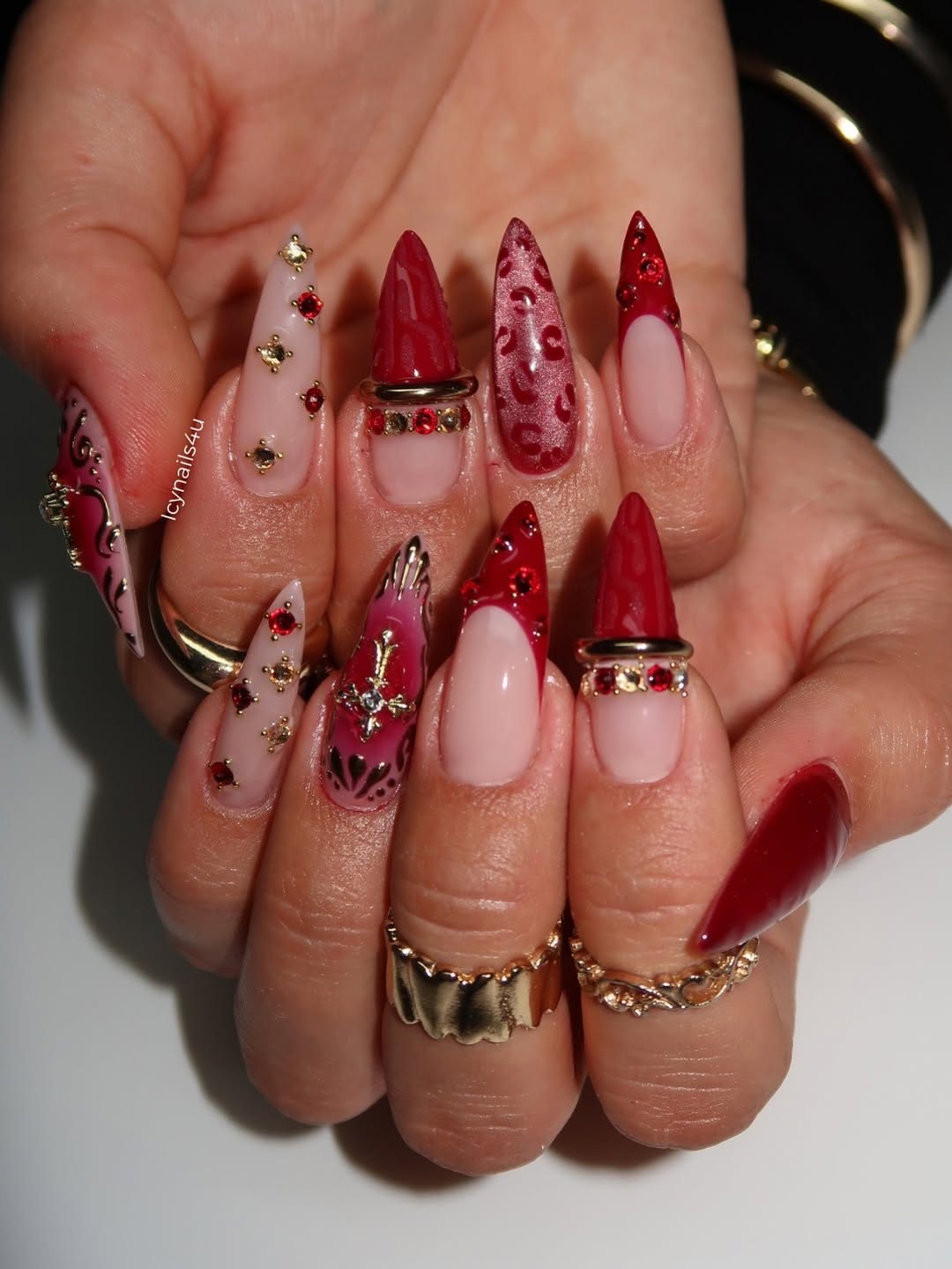 Burgundy Leopard & 3D Red Gem Press On Nails by Icy Nails 4u | Luxury Cat Eye Stiletto | DU03L
