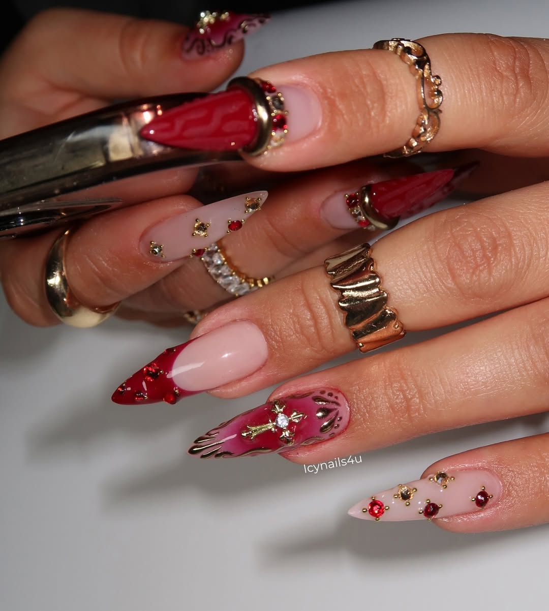 Burgundy Leopard & 3D Red Gem Press On Nails by Icy Nails 4u | Luxury Cat Eye Stiletto | DU03L