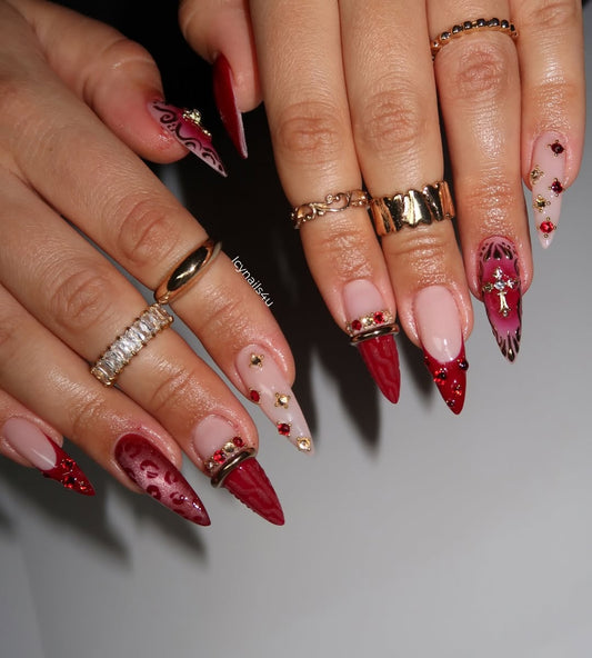 Burgundy Leopard & 3D Red Gem Press On Nails by Icy Nails 4u | Luxury Cat Eye Stiletto | DU03L