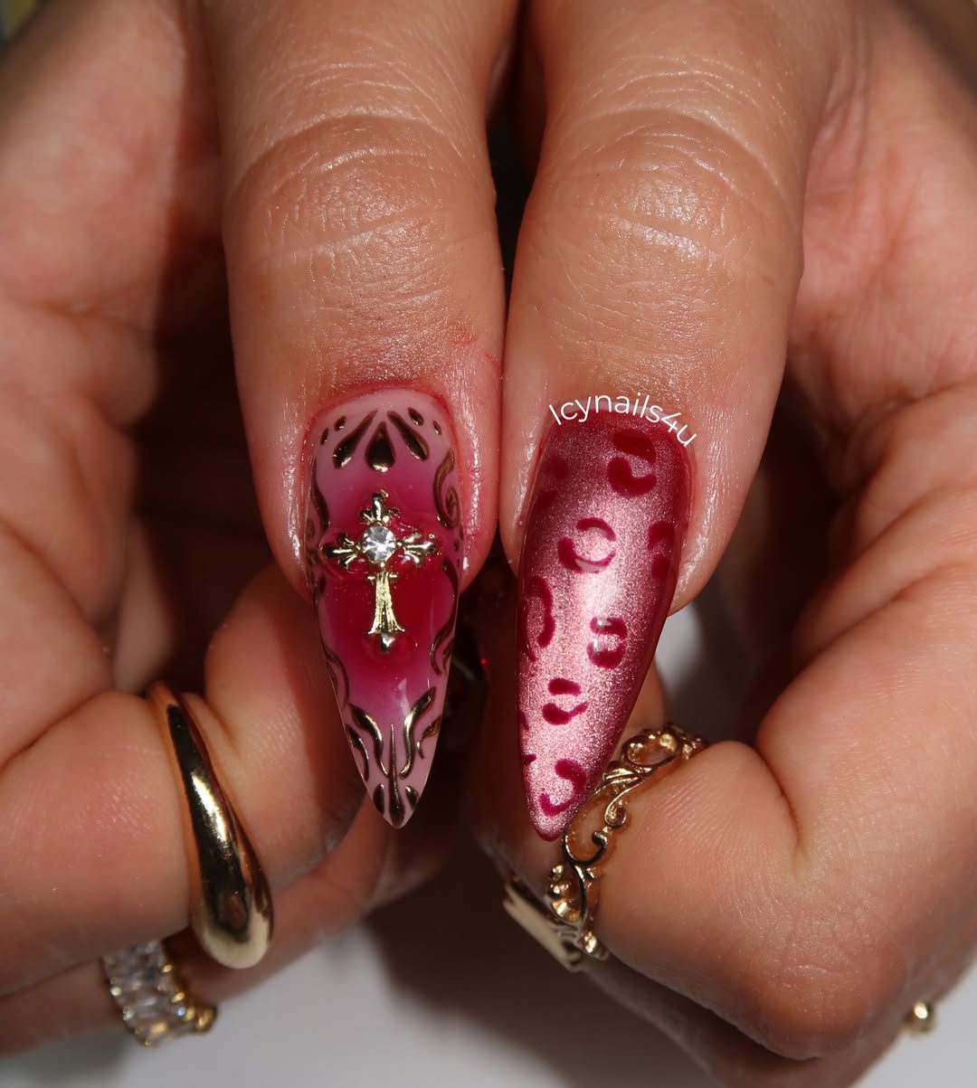 Burgundy Leopard & 3D Red Gem Press On Nails by Icy Nails 4u | Luxury Cat Eye Stiletto | DU03L