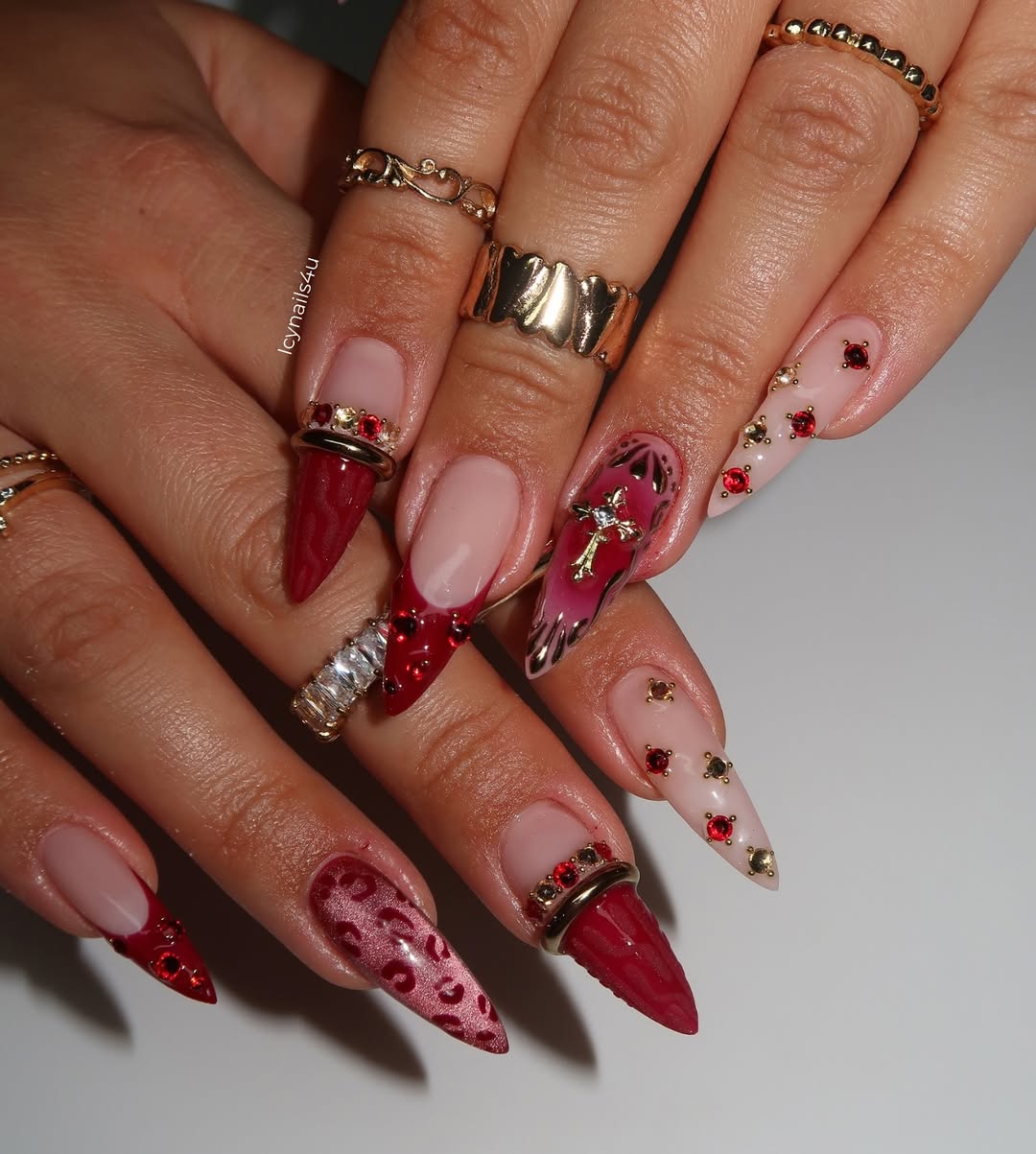 Burgundy Leopard & 3D Red Gem Press On Nails by Icy Nails 4u | Luxury Cat Eye Stiletto | DU03L