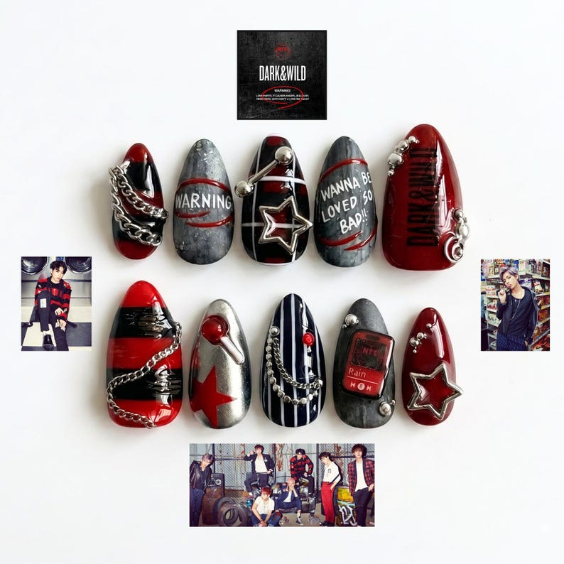 K-Pop Press On Nails with Silver Chain Charms | Dark Grunge Short Almond Nails | Edgy Red Black Nail Art for Concert | OB483U