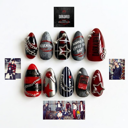 K-Pop Press On Nails with Silver Chain Charms | Dark Grunge Short Almond Nails | Edgy Red Black Nail Art for Concert | OB483U