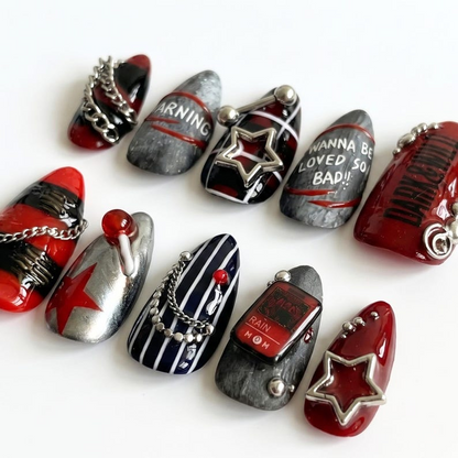 K-Pop Press On Nails with Silver Chain Charms | Dark Grunge Short Almond Nails | Edgy Red Black Nail Art for Concert | OB483U