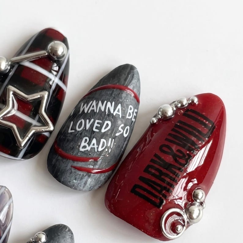 K-Pop Press On Nails with Silver Chain Charms | Dark Grunge Short Almond Nails | Edgy Red Black Nail Art for Concert | OB483U