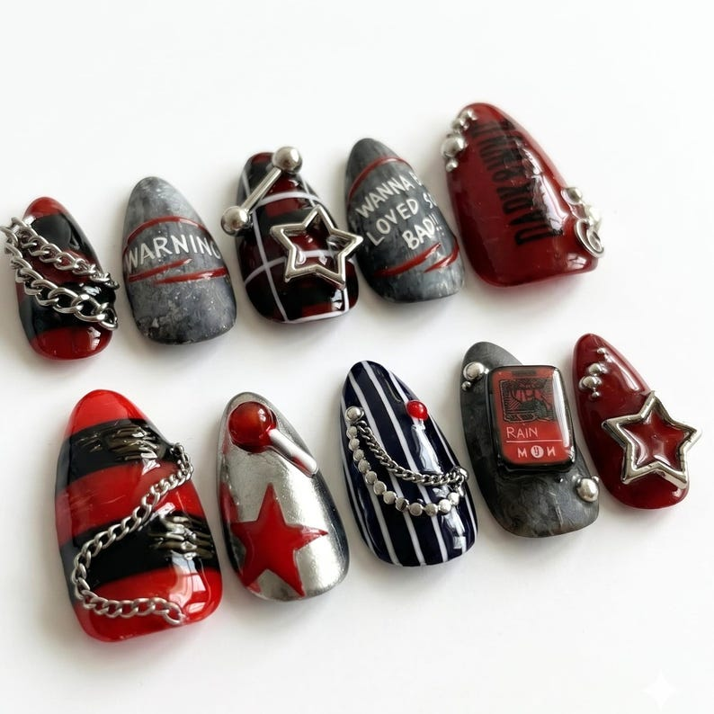 K-Pop Press On Nails with Silver Chain Charms | Dark Grunge Short Almond Nails | Edgy Red Black Nail Art for Concert | OB483U