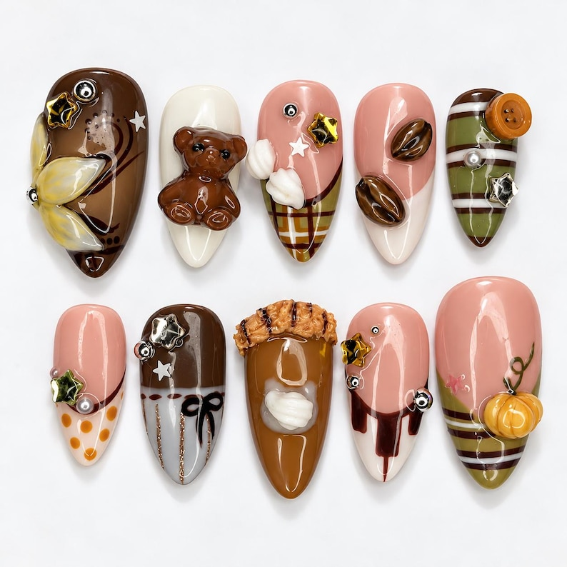 Kawaii 3D Teddy Bear Press On Nails, Coffee Bean Nails, Cute Fall Plaid Almond Nails, Handmade Cozy Coffee Nail Art | OB731XA
