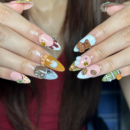 Kawaii 3D Teddy Bear Press On Nails, Coffee Bean Nails, Cute Fall Plaid Almond Nails, Handmade Cozy Coffee Nail Art | OB731XA