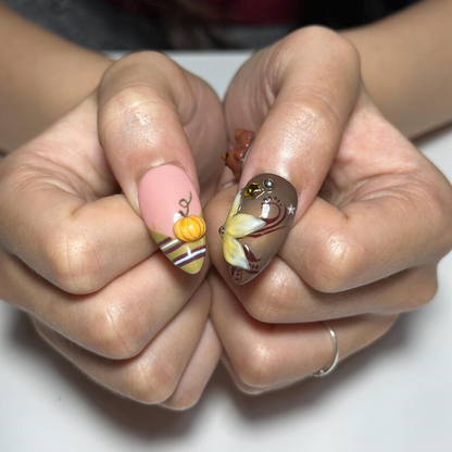 Kawaii 3D Teddy Bear Press On Nails, Coffee Bean Nails, Cute Fall Plaid Almond Nails, Handmade Cozy Coffee Nail Art | OB731XA