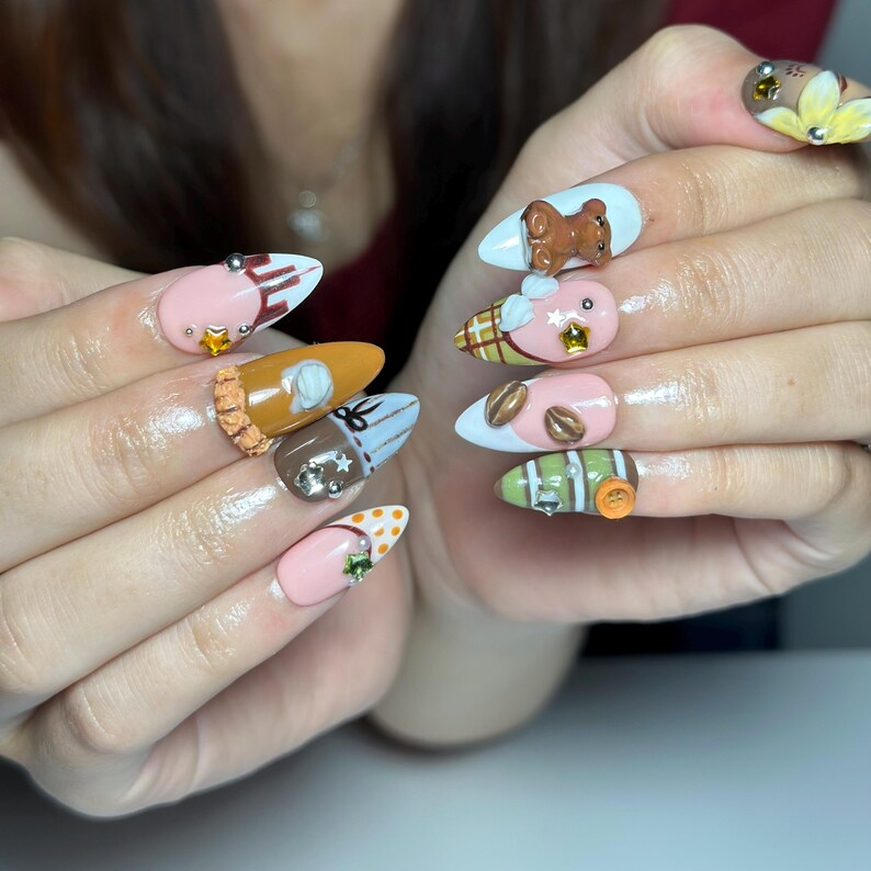 Kawaii 3D Teddy Bear Press On Nails, Coffee Bean Nails, Cute Fall Plaid Almond Nails, Handmade Cozy Coffee Nail Art | OB731XA
