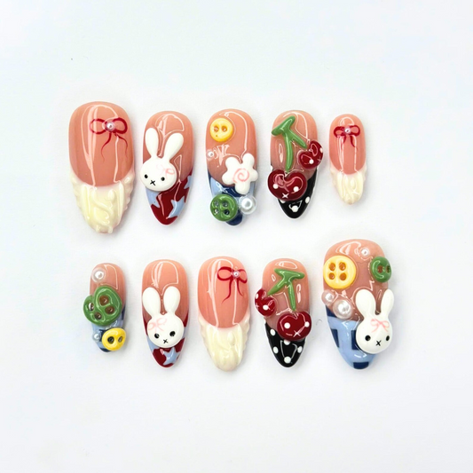 Kawaii Bunny Press On Nails with Cherry & Fruit Charms | 3D Cute Fake Nails in Almond Shape | Nail Art for Picnic, Birthday | OB465UC