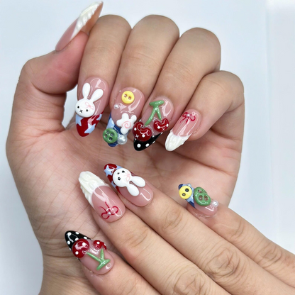 Kawaii Bunny Press On Nails with Cherry & Fruit Charms | 3D Cute Fake Nails in Almond Shape | Nail Art for Picnic, Birthday | OB465UC