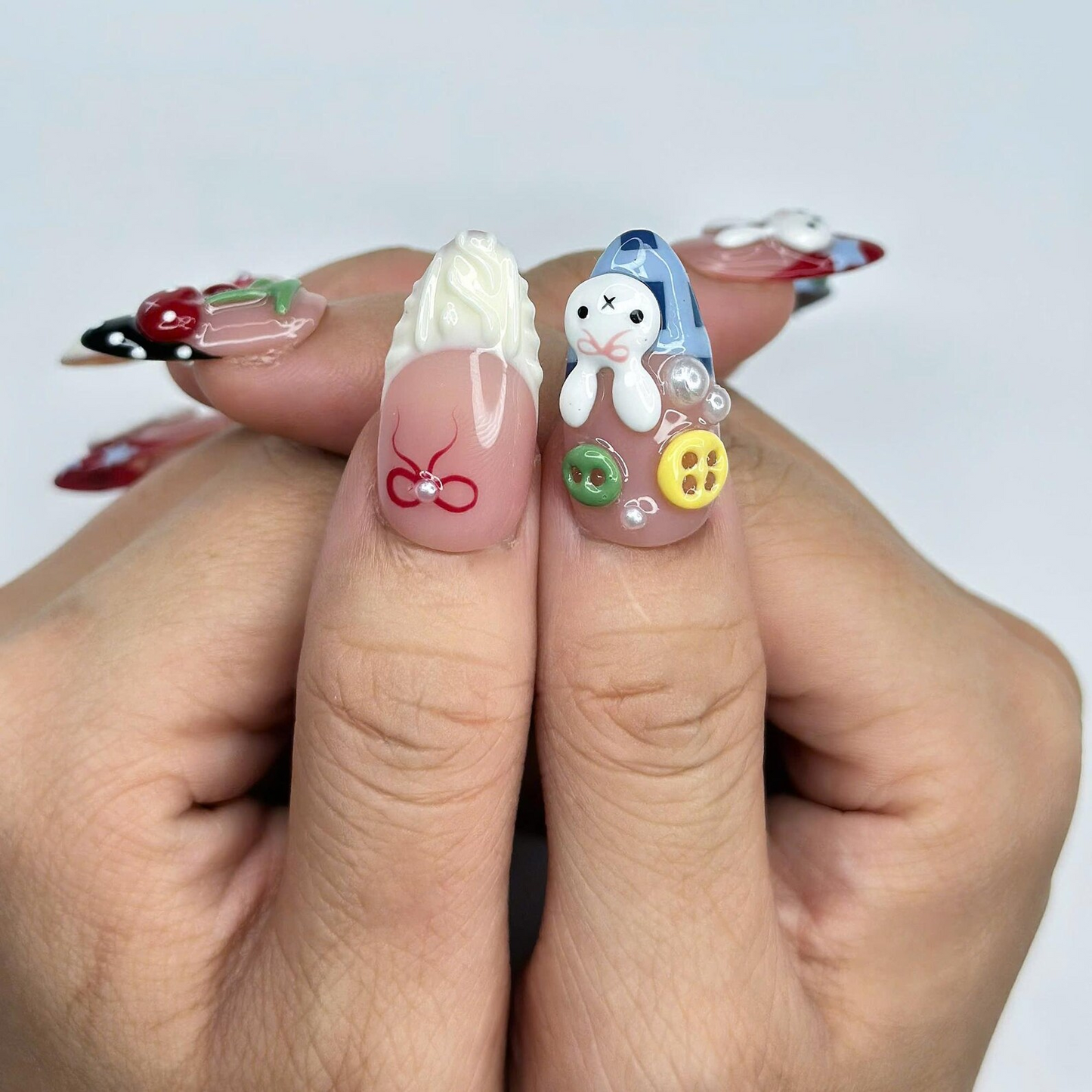 Kawaii Bunny Press On Nails with Cherry & Fruit Charms | 3D Cute Fake Nails in Almond Shape | Nail Art for Picnic, Birthday | OB465UC