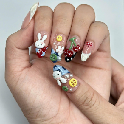 Kawaii Bunny Press On Nails with Cherry & Fruit Charms | 3D Cute Fake Nails in Almond Shape | Nail Art for Picnic, Birthday | OB465UC