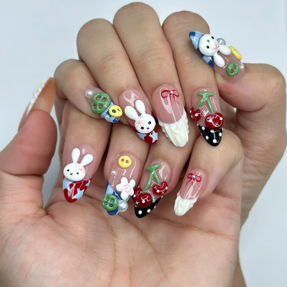 Kawaii Bunny Press On Nails with Cherry & Fruit Charms | 3D Cute Fake Nails in Almond Shape | Nail Art for Picnic, Birthday | OB465UC