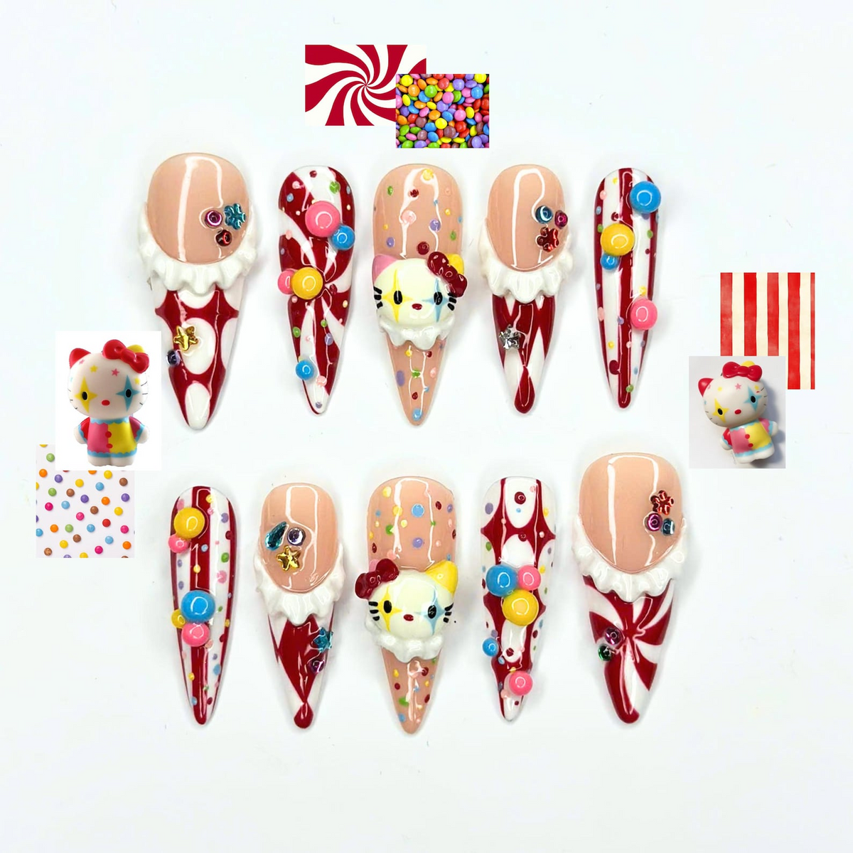 Kawaii Candy Circus Press On Nails | 3D Cute Cat and Colorful Candy Charms | Red White Clowncore Nail Art | Long Stiletto Nails | OB726UI