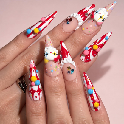 Kawaii Candy Circus Press On Nails | 3D Cute Cat and Colorful Candy Charms | Red White Clowncore Nail Art | Long Stiletto Nails | OB726UI