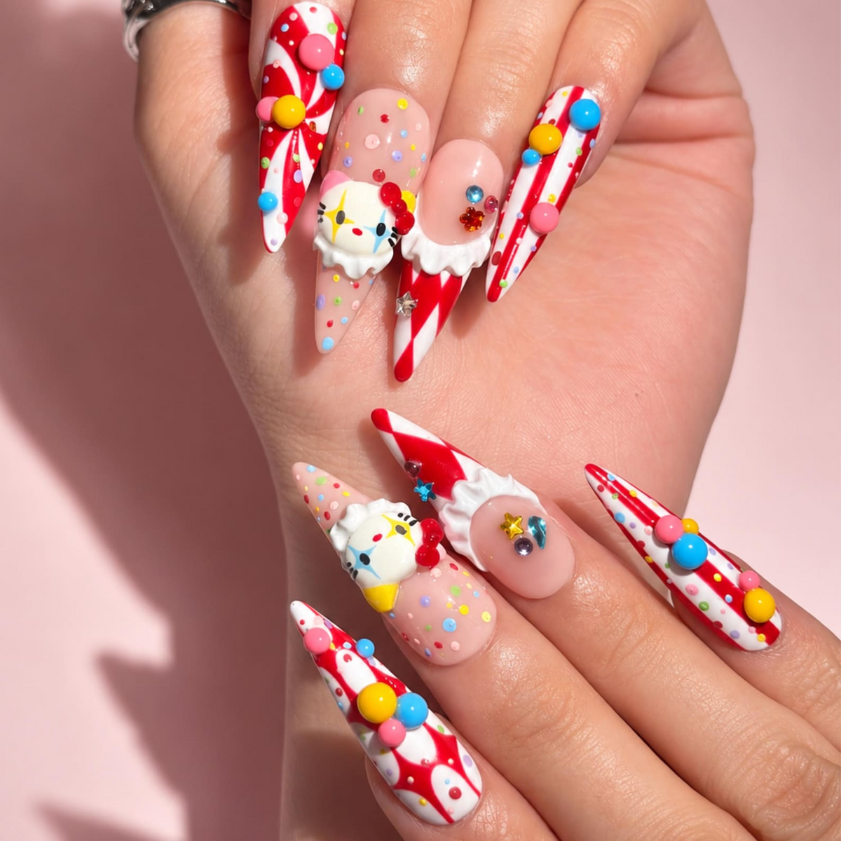 Kawaii Candy Circus Press On Nails | 3D Cute Cat and Colorful Candy Charms | Red White Clowncore Nail Art | Long Stiletto Nails | OB726UI