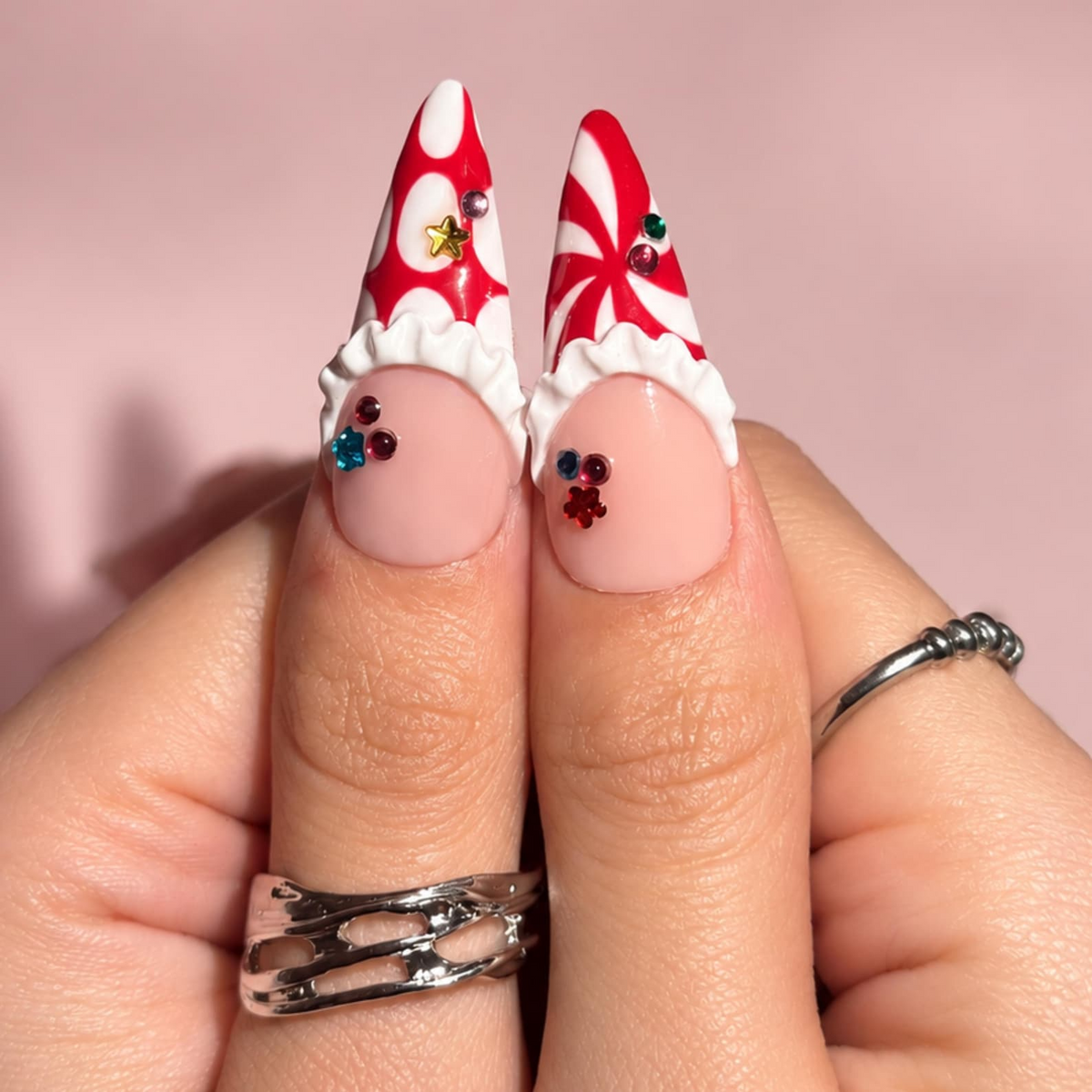 Kawaii Candy Circus Press On Nails | 3D Cute Cat and Colorful Candy Charms | Red White Clowncore Nail Art | Long Stiletto Nails | OB726UI