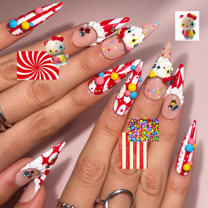 Kawaii Candy Circus Press On Nails | 3D Cute Cat and Colorful Candy Charms | Red White Clowncore Nail Art | Long Stiletto Nails | OB726UI