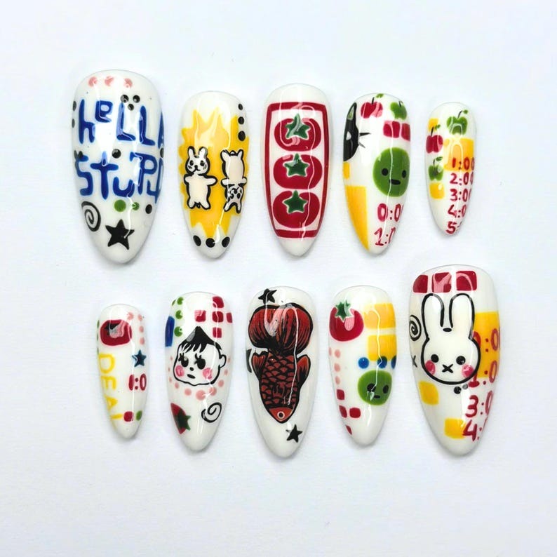 Kawaii Press On Nails with Cartoon Fruit & Bunny | Retro Pop Art Fake Nails in Almond Shape | Handmade Nail Art for Everyday| OB470UG
