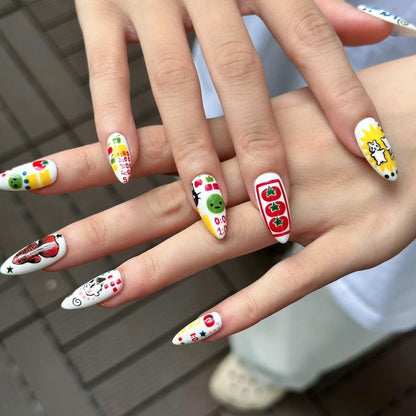 Kawaii Press On Nails with Cartoon Fruit & Bunny | Retro Pop Art Fake Nails in Almond Shape | Handmade Nail Art for Everyday| OB470UG