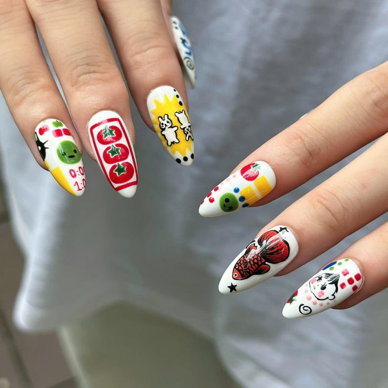 Kawaii Press On Nails with Cartoon Fruit & Bunny | Retro Pop Art Fake Nails in Almond Shape | Handmade Nail Art for Everyday| OB470UG