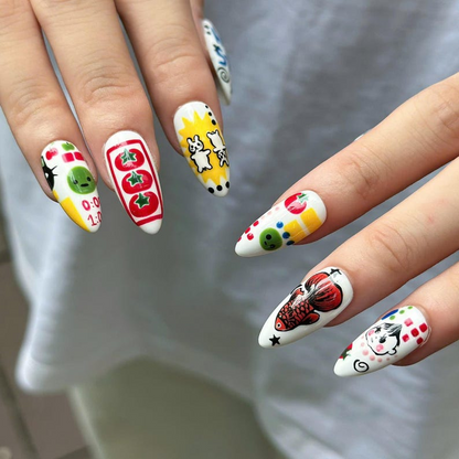 Kawaii Press On Nails with Cartoon Fruit & Bunny | Retro Pop Art Fake Nails in Almond Shape | Handmade Nail Art for Everyday| OB470UG