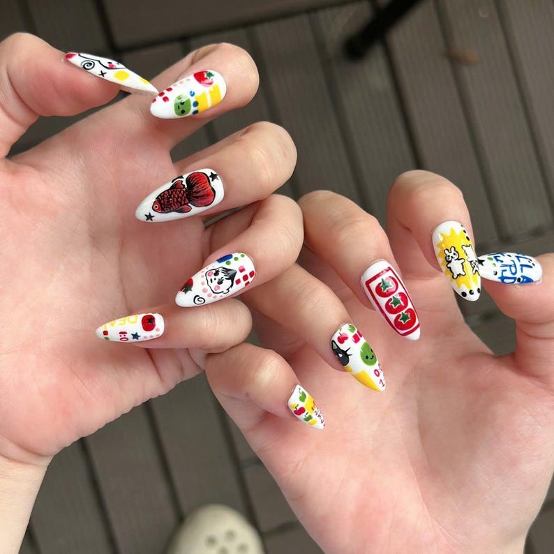 Kawaii Press On Nails with Cartoon Fruit & Bunny | Retro Pop Art Fake Nails in Almond Shape | Handmade Nail Art for Everyday| OB470UG