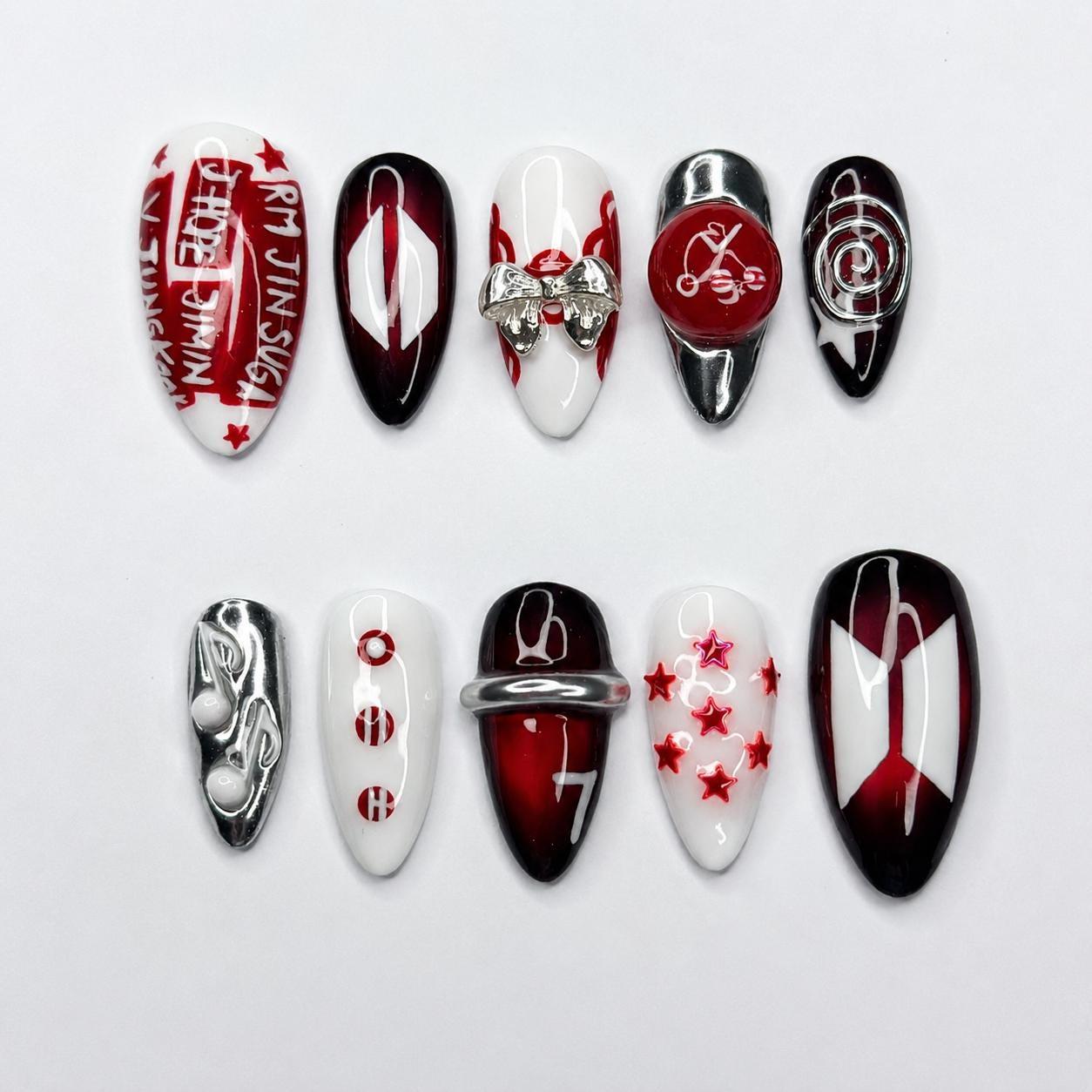 Korean Cherry Press On Nails | Handmade Kpop Idol Nails, Red Chrome Y2K Nail Set, Reusable Gift for Her | OB433LG