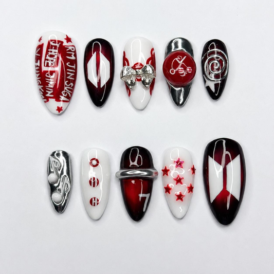 Korean Cherry Press On Nails | Handmade Kpop Idol Nails, Red Chrome Y2K Nail Set, Reusable Gift for Her | OB433LG