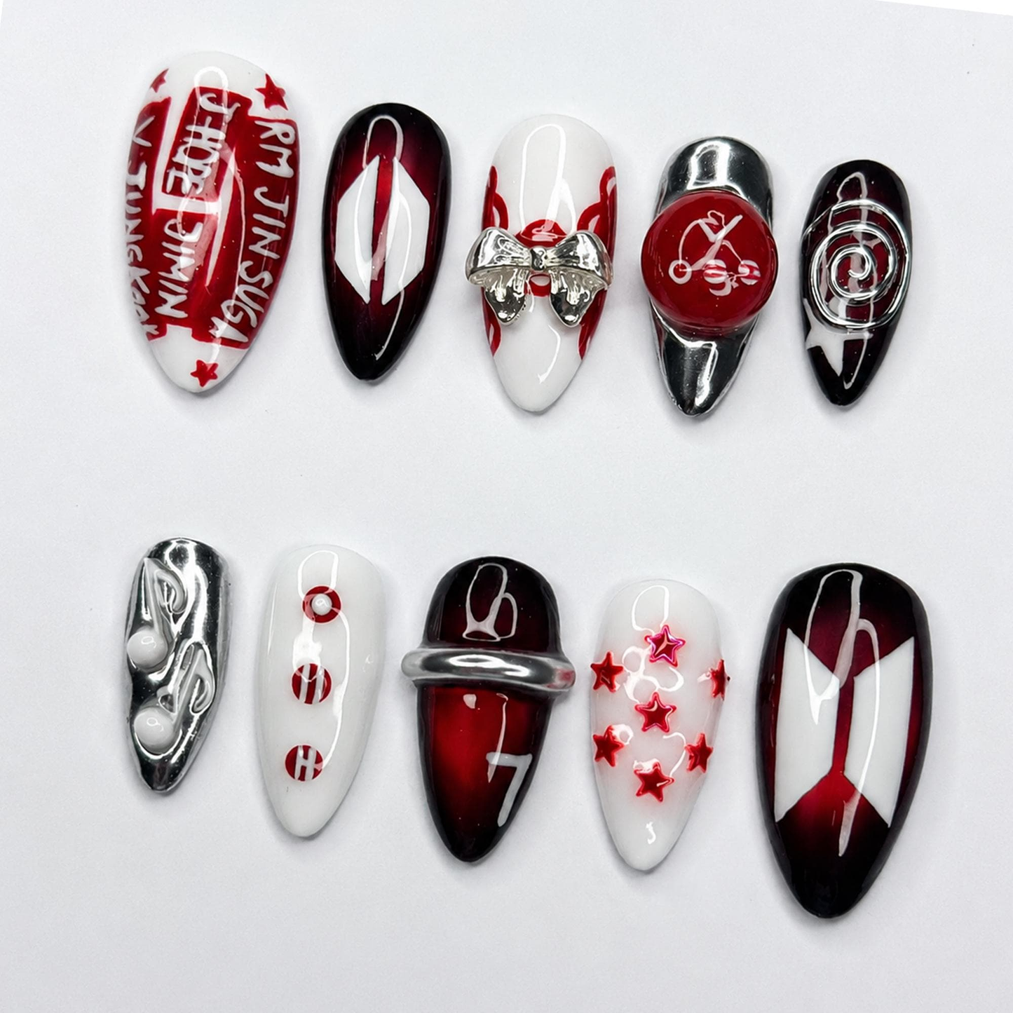 Korean Cherry Press On Nails | Handmade Kpop Idol Nails, Red Chrome Y2K Nail Set, Reusable Gift for Her | OB433LG