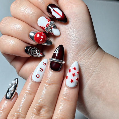 Korean Cherry Press On Nails | Handmade Kpop Idol Nails, Red Chrome Y2K Nail Set, Reusable Gift for Her | OB433LG