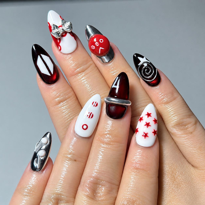 Korean Cherry Press On Nails | Handmade Kpop Idol Nails, Red Chrome Y2K Nail Set, Reusable Gift for Her | OB433LG
