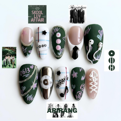 Kpop Concert Press On Nails, Idol Inspired Nail Art, Green Fandom Nails, Handmade Gel Statement Manicure, OB460UC