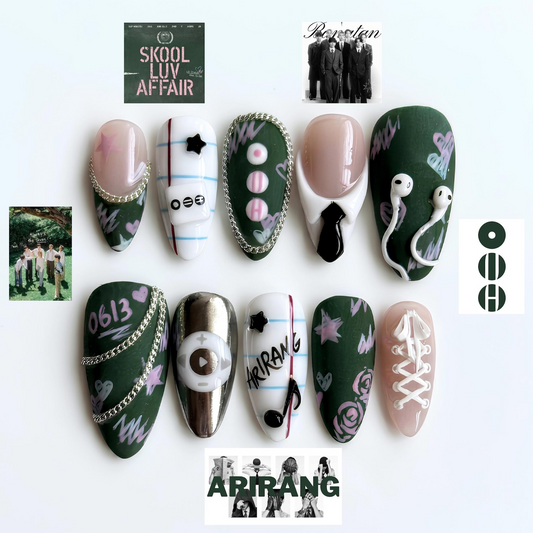 Kpop Concert Press On Nails, Idol Inspired Nail Art, Green Fandom Nails, Handmade Gel Statement Manicure, OB460UC
