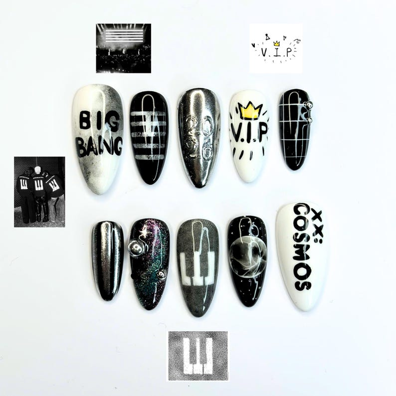 Kpop Concert Press On Nails with Silver Chrome | Black White Crown Nail Art | Korean Pop Fan Nails for Concert, Music Festival | OB503UC