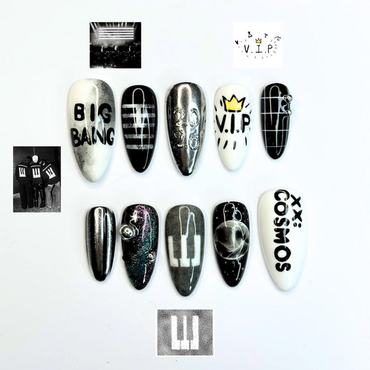 Kpop Concert Press On Nails with Silver Chrome | Black White Crown Nail Art | Korean Pop Fan Nails for Concert, Music Festival | OB503UC