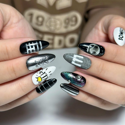 Kpop Concert Press On Nails with Silver Chrome | Black White Crown Nail Art | Korean Pop Fan Nails for Concert, Music Festival | OB503UC